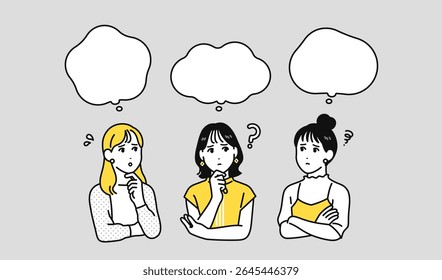 Worried thinking young woman speech bubble set