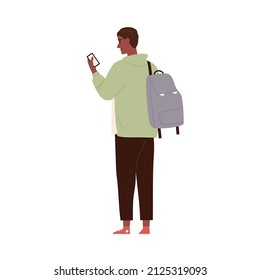 Worried Tourist Standing With Mobile Phone. Person Passenger With Backpack Looking At Smartphone Screen. Lost Puzzled Man Has Problem. Flat Graphic Vector Illustration Isolated On White Background