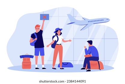 Worried tourists with suitcases in airport waiting for their flights. Vector illustration. Partial government shutdown, aviation crisis concept.