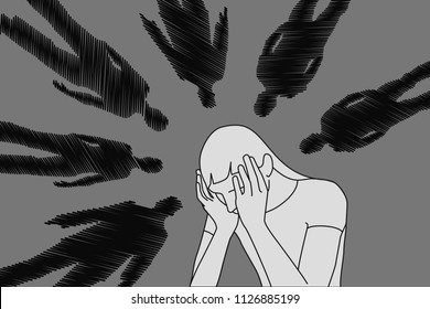 Worried, unhappy, suffering woman.  Shyness, bullying and other social problems concept with intimidated, concussed person. Vector illustration.