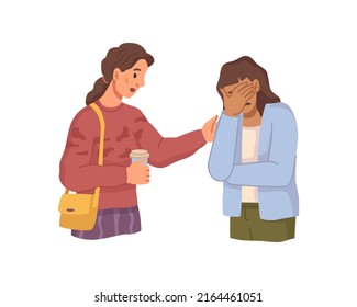 Preocupado y molesto personal femenino llorando por las malas noticias. Crisis personal o depresión, hablar con un amigo por comodidad y sentirse mejor. Caricatura plana, ilustración vectorial