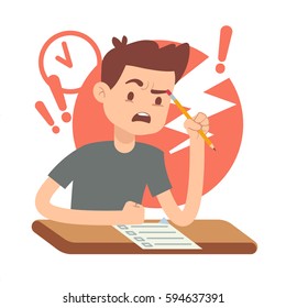 Worried, upset teen student on exam. Education and study vector concept