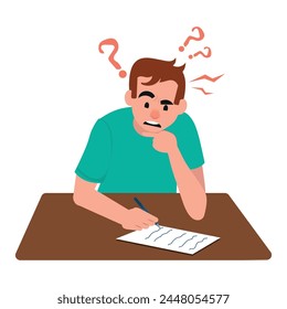 Worried, upset teenage student on exam. Education and study vector concept