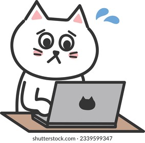 Gato de dibujos animados blancos preocupados mientras se usa una computadora, ilustración vectorial.