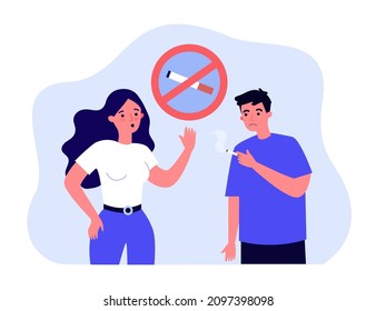 Worried wife asking sad husband to stop smoking. Man with cigarette, unhealthy habit, no smoking sign flat vector illustration. Addiction, health concept for banner, website design or landing web page