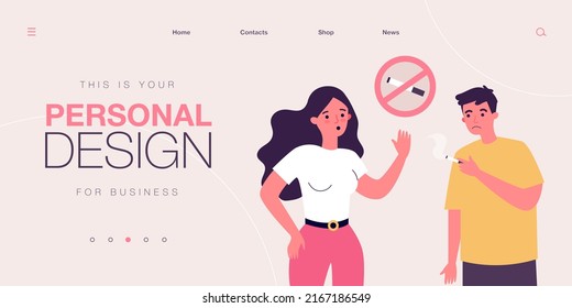 Mujer preocupada pidiendo a su marido triste que deje de fumar. Hombre con cigarrillo, hábito insalubre, no fumador con placa de vector ilustración. Adicción, concepto de salud para banner, diseño de sitios web o página web de aterrizaje