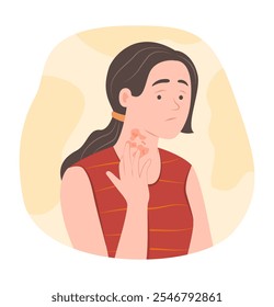 Worried Woman with Atopic Dermatitis or Eczema on Her Neck for Dermatology Concept Illustration