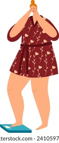 Worried woman in a bathrobe weighing herself. Anxious female on a scale, weight loss concept, vector illustration.