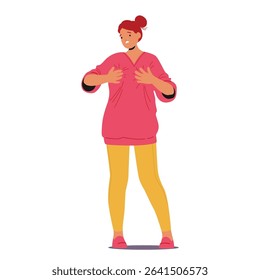 Worried woman cartoon character suffering from sensitive breasts pain touching her chest with uncomfortable feelings vector illustration isolated on white background. Menopause symptoms concept