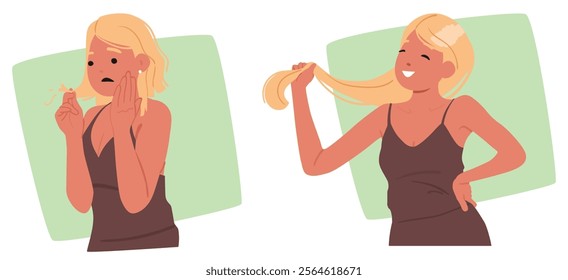 Worried woman character with damaged short hair split ends problem before and after renewing extensions smoothing and straightening treatment hairstyling beauty procedure vector illustration scene