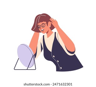 Worried Woman Character Looking At Her Gray Hair In Mirror. Cartoon Vector Concept Of Stress, Aging And Self-reflection