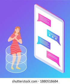 Worried woman chatting with doctor on a smartphone. Upset girl standing and holding her heart in front of huge cartoon screen smartphone with text chat. Heart problems. Online doctor consultation