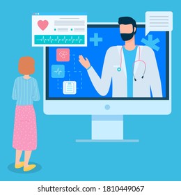 Worried woman chatting remotely with cardiologist or doctor for heart problems. Large cartoon screen monitor with heart symbol, cardiogram, text messaging, pills, prescription. Online medicine concept