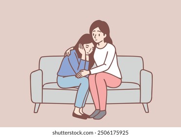 Worried woman comforting a depressed friend sitting on a couch at home. Hand drawn style vector design illustrations.