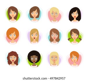Worried Woman Faces. Worried Face Icons. Worried Women. Flat Style Vector Illustration.