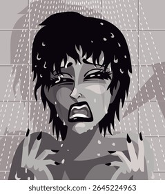 worried woman in fear in shower