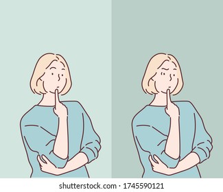 worried woman. Hand drawn style vector design illustrations.