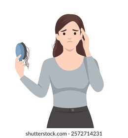 Worried woman holds a hairbrush with strands of hair, reflecting concern over hair loss. Flat vector illustration isolated on white background