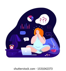 Worried woman with insomnia or nightmare sitting in bed at night bedroom scared because of panic attack Sleepless female sick person awake with tired sadness face anxiety attack Vector illustration