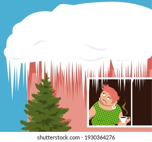 Worried woman looking at ice and snow accumulated on the roof of her house, EPS 8 vector illustration