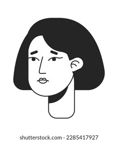 Worried woman with middle haircut monochromatic flat vector character head. Black white avatar icon. Editable cartoon user portrait. Lineart ink spot illustration for web graphic design, animation