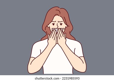 Worried woman put tape on mouth struggle with speech freedom and censorship. Mad girl with face closed banned from talking or sharing thoughts. Vector illustration. 