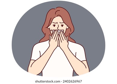 Worried woman put tape on mouth struggle with speech freedom and censorship. Mad girl with face closed banned from talking or sharing thoughts. Vector illustration.