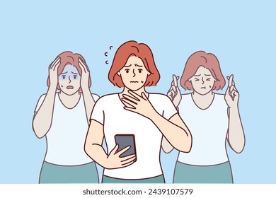 Worried woman reads message on mobile phone about foreclosure on house and feels panic. Different stages of panic of girl, learned about approaching financial crisis from internet news