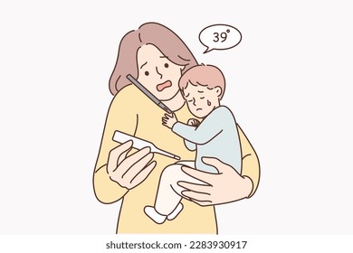 Worried woman with sick baby holding thermometer and calling pediatrician doctor or calling ambulance. Mother with little son who has flu due to viral infection consults pediatrician 