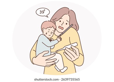 Worried woman with sick baby holding thermometer and calling pediatrician doctor or calling ambulance. Mother with little son who has flu due to viral infection consults pediatrician