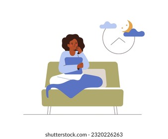 Una mujer preocupada se sienta en la cama por la noche y mira el despertador. La niña joven sufre de insomnio. Trastorno del sueño y salud femenina durante la menopausia. Ilustración del vector