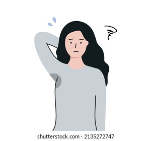 Worried woman suffering from bad smell armpit sweat stain problem. Health, body odor, beauty, hygiene concepts. Flat character vector design illustrations.