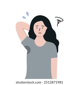 Worried woman suffering from bad smell armpit sweat stain problem. Health, body odor, beauty, hygiene concepts. Flat character vector design illustrations.