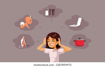 
Worried Woman Thinking about Work and Personal Life Tasks Vector Cartoon. Unhappy housewife feeling overwhelmed by domestic chores 
