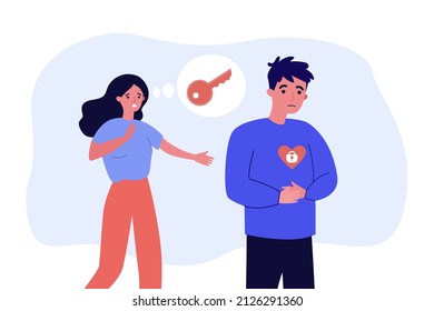 Worried woman thinking of key to heart of sad man. Male character with lock on heart flat vector illustration. Love, romance, relationship concept for banner, website design or landing web page