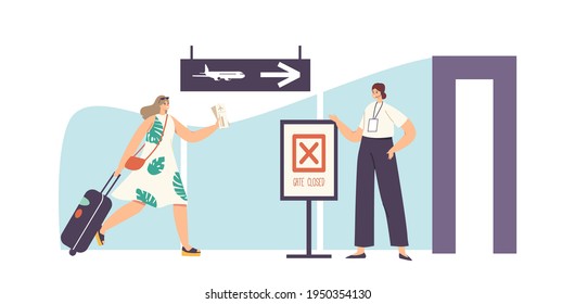 Worried Woman Tourist Character with Ticket and Luggage in Hands Running to Closed Gates in Airport Late for Boarding on Plane. Traveler Troubles with Missed Flight. Cartoon People Vector Illustration