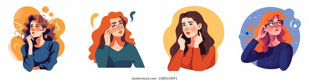 Worried wondered woman thinking, doubting. Pensive unsure person in complicated thoughts, difficulty. Puzzled girl pondering, contemplating. Flat vector illustration isolated on white background