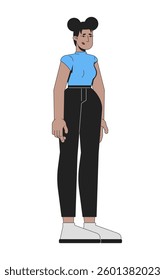 Worried young black woman with afro buns 2D cartoon character. Frustrated girl. Stress reaction. Unhappy mood. Ordinary citizen flat vector person isolated on white. Spot illustration colorful