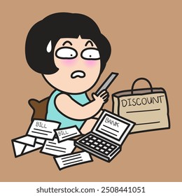 Worried Young Lady About Bills Concept Card Character illustration