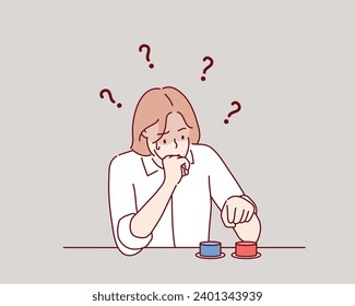 A worried young woman, feeling both confused and anxious, is deciding which button go press. The stressed. Hand drawn style vector design illustration