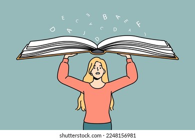 Worried young woman holding huge book in hands. Anxious female overwhelmed with textbook information and data. Education and learning problem. Vector illustration. 