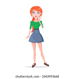 Worried young woman illustration. Beautiful redhead girl in blouse and skirt standing with surprised face expression flat vector isolated on white background. Confused female cartoon character