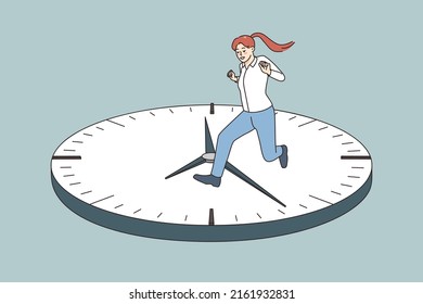 Worried young woman running on clock surface meeting deadline. Anxious girl feel in hurry worry be late for work. Life fast pace and speedy lifetime concept. Vector illustration. 