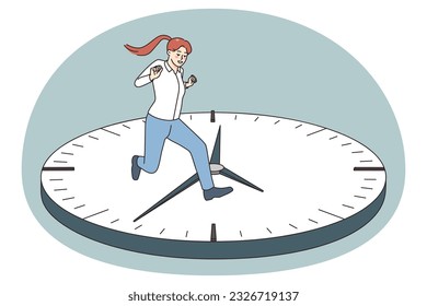 Mujer joven preocupada corriendo en la fecha límite de la reunión en la superficie del reloj. Una chica ansiosa se siente apresurada y se preocupa de llegar tarde al trabajo. Vida rápida y concepto de vida acelerada. Ilustración vectorial.