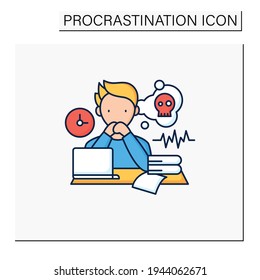 Worrier Procrastinator Color Icon.Do Not Start Important, Difficult Tasks. Unbelieve To Do It.Scared About Results.Procrastination Concept. Isolated Vector Illustration