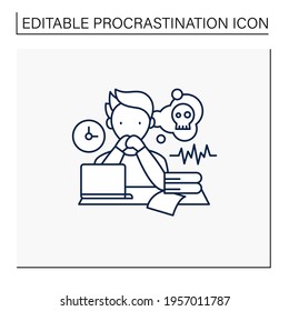 Worrier Procrastinator Line Icon.Do Not Start Important, Difficult Tasks. Unbelieve To Do It.Scared About Results.Procrastination Concept. Isolated Vector Illustration.Editable Stroke