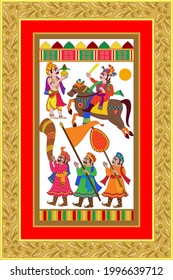 worriers getting ready or heading for war,  Kalamkari Indian traditional folk art on linen fabrics