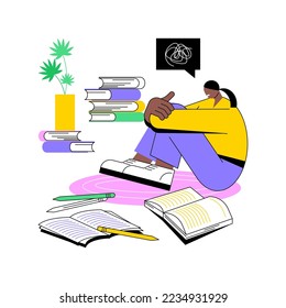 Worries before exams isolated cartoon vector illustrations. Young girl is nervous before exams, lying on the floor with diversity of books, educational process at college vector cartoon.