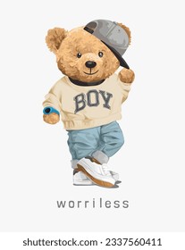 worriless slogan with bear doll in street boy fashion style vector illustration svg