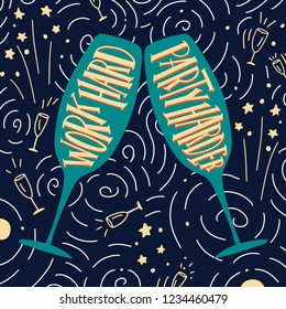 Worrk hard, party harder. Vector calligraphy image. Take-out coffee cup and beans. Hand drawn lettering poster, vintage typography card. Modern calligraphic poster.